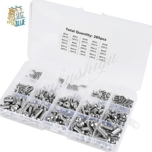 285pcs M2 M3 M4 M5 M6 ISO7380 Hexagon Hex Socket Head Button Allen Bolt Screw Kit