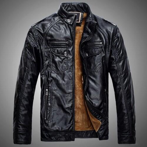 New Fleece Pu Leather Jacket Men Stand Collar Solid Pu Leather Punk Outerwear Motor Biker Overcoats Large Size Male Jackets