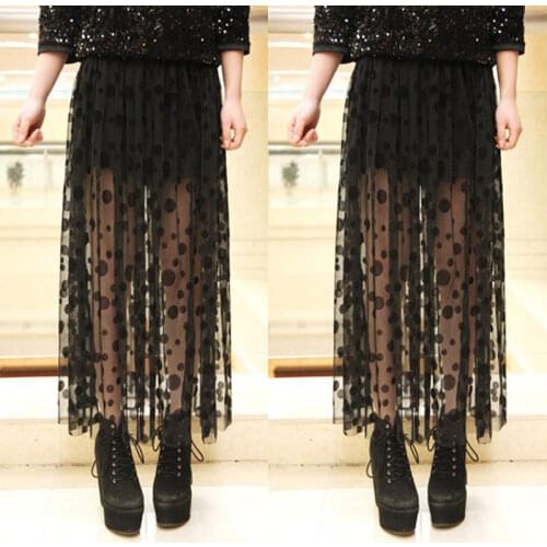 2019 Newest Hot Women High Waist Sheer Gauze Mesh Tulle Lace Dots Gothic Long Maxi Skirt