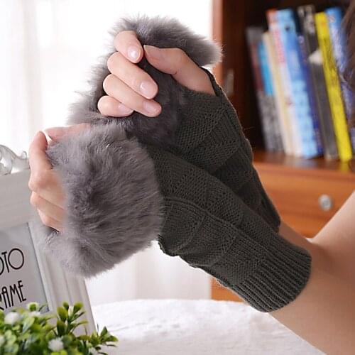 Winter Warm Plush Faux Fur Gloves Women Stretchy Fingerless Fashion Solid Mittens Glove Girl Half Finger Soft Knitting Glove