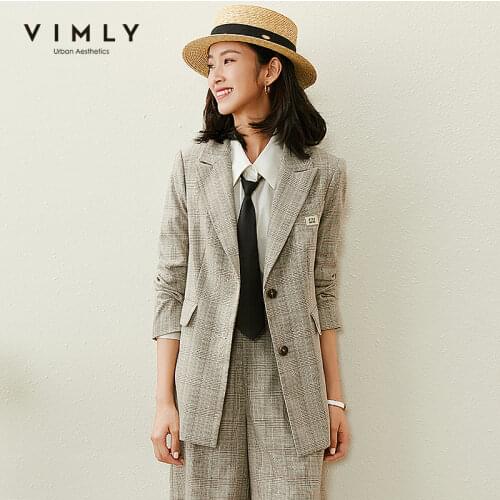 Vimly Sping New Blazer For Women Offical Lady Plaid Lapel Full Sleeve Double Breasted Women Coat Caual Female Jacket F6289