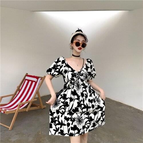 Black White Retro Dress Women Summer Floral Halter Dress French Puff Sleeve V-neck Mini Dress Female