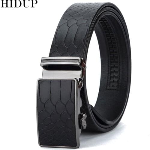 HIDUP Top Quality Crocodile Pattern Cow Cowhide Leather Ratchet Belts Fashion Styles Automatic Buckle Metal Belt for Men NWJ429