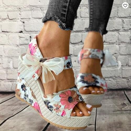 Women Sandals 2021 Summer New Sweet Flowers Buckle Open Toe Wedge Sandals Floral High-heeled Shoes Sandals Mujer