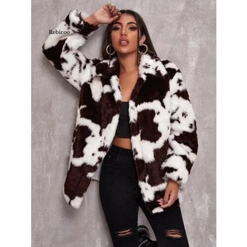 Women Fur Coat Short Parkas Lapel Cow Pattern Faux Fur Women Jacket Fashion Ladies Outwear Plus Size 4Xl Winter New