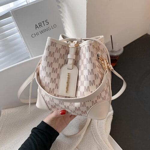 Burminsa Letters Printing Drawstring Bucket Small Shoulder Crossbody For Women Brand Designer Luxury Ladies Purses And Handbags