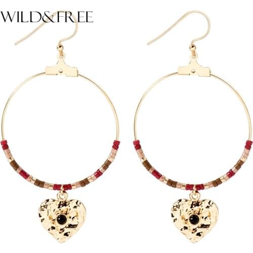 WILD & FREE Handmade Gold Heart Dangle Earrings For Women Mix-color Glass Beads Big Circle Drop Earrings Bohemian Jewelry