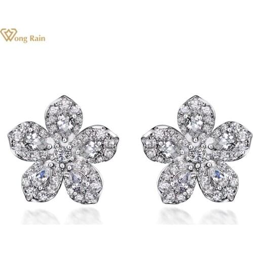 Wong Rain 100% 925 Sterling Silver Created Moissanite Gemstone Wedding Engagement Flower Earrings For Women Studs Fine Jewelry
