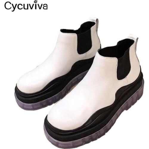 Hot Thick Sole White Chealse Ankle Boots For Women Real Leather Clear Platform Casual Ladies Shoes Runway Flat Knight Boots
