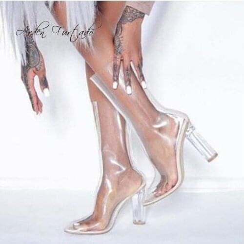New 2021 summer boots Crystal heel mid-calf boots for women high heels shoes for woman clear sandals plus size US 12 square heel