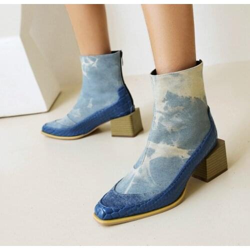 Denim Stitching Microfiber Leather Womens Street Fashion Short Shoes Wood Grain Platform Cool Color Matching Chelsea Ankle Boot