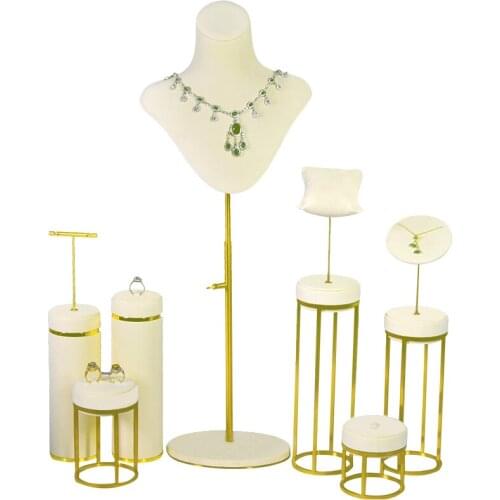 Golden Metal Jewelry Display Stand Beige Microfiber Jewelry Stand Jewelry Ring Necklace Window Display Stand