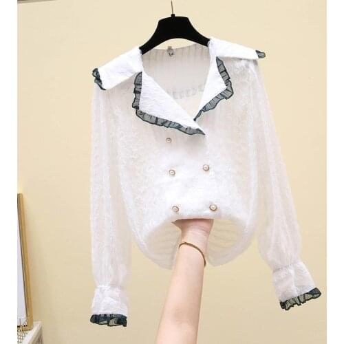 2021 Spring Autumn Women Blouse Full Sleeve Ruffles Solid Notched Vintage Shirt Fashion Office Lady Female Top for Female D60