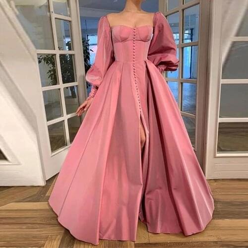 2021 Prom Gown Romance Rose Pink Taffeta A Line Evening Dress Long Puffed Sleeves Sweetheart Delicate Buttons Front Slit