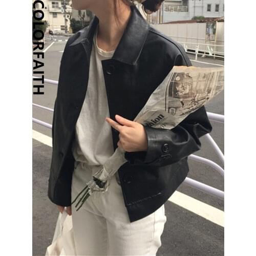 Colorfaith New 2021 Autumn Winter Womens Leather Jackets Outerwear High Street Oversized Faux Leather Wild Short Tops JK7963