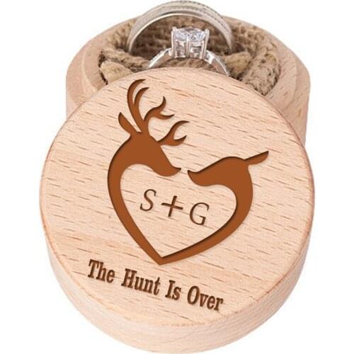 The Hunt is Over Custom Ring Box Wedding Engagement Proposal Ring Holder Bearer Box Engraved Wooden Name Round Deer Boxes