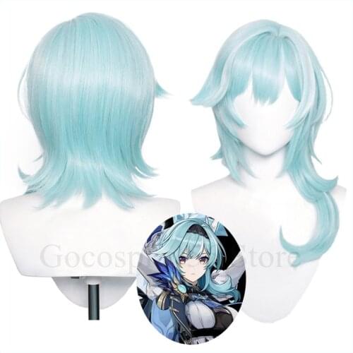 Genshin Impact Eula Wig Cosplay Light Blue Short Mullet Heat Resistant Hair Women Halloween Role Play