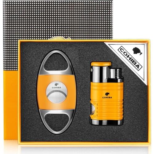 COHIBA Cigar Lighter and Cutter Combo Accessories Set 4 Jet Torch Flame Butane Gas Lighters with Cigar Punch Needle