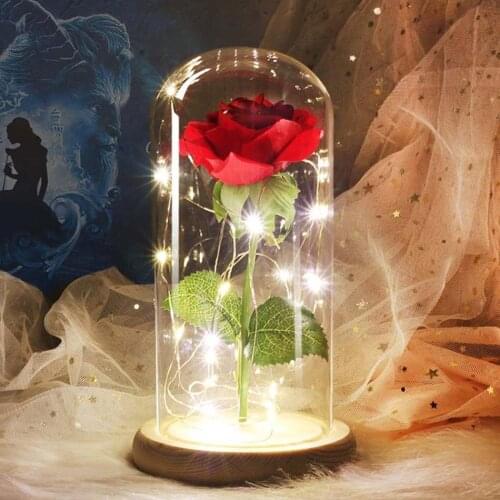 HOT Rose In Flask Beauty And The Beast Gold-plated Red Rose With LED Light In Glass Dome For Wedding Christmas Decor for Home