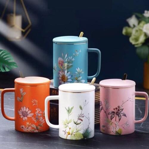 Creative Personality Flower Language Cup with lid and spoon Ceramic Drinking Cup Birthday Christmas Graduation Gift for Her