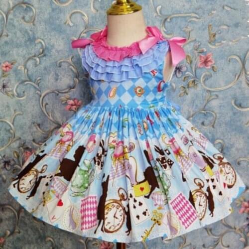 Baby girl summer vintage Spanish lolita ball gown printed dress kids bow sleeveless spaghetti strap birthday party dress