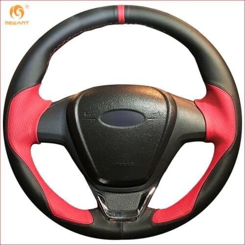 MEWANT Black Leather Red Leather Car Steering Wheel Cover for Ford Fiesta 2008-2013 Ecosport 2013-2016 Interior Accessories
