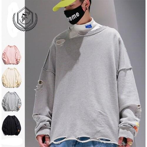 Men Fashion Loose Solid Casual Hole Pullover Hip Hop Sweatshirts