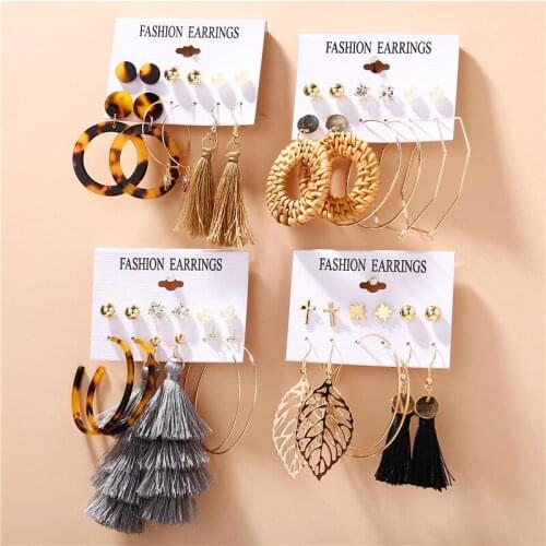New Fashion Acrylic Leopard Print Hanging Drop Earrings Women Large Vintage Geometric Round Tassel Pearl Earring Set Jewelry