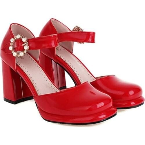 Ochanmeb Fetish Big Round Toe Chunky High Heels Shoes Women Patent Leather Beige Nude Black Red Pearls Buckle Strap Party Pumps