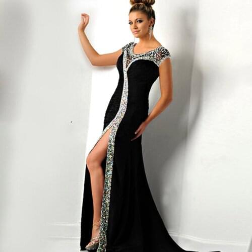 Crystal Evening Dresses Plus Size 2020 O-Neck Beaded with Rhinestones Side Split Prom Dress Cap Sleeves Chiffon Party Dress