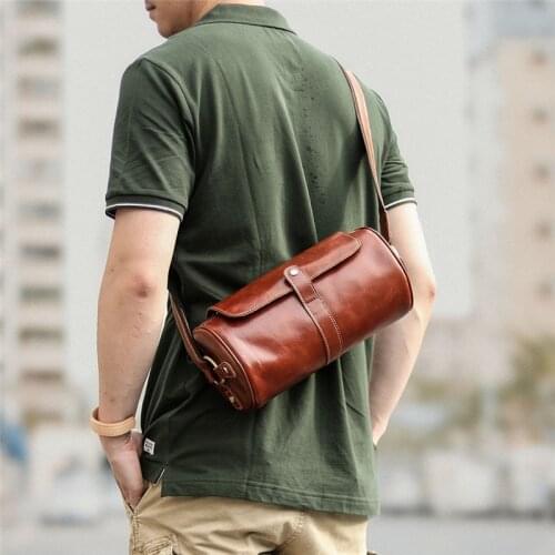 Retro fashion luxury natural real leather mens messenger bag chest bag weekend leisure cylinder small backpack shoulder bag