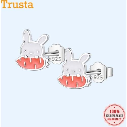 Trusta 100% 925 Sterling Silver Fashion Cute Bunny Carry Radish Stud Earrings Birthday Gift For School Girls Teen Kids DS1535