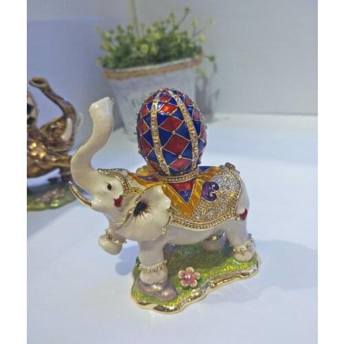 Elephant Jeweled Trinket Box Elephant Box with Faberge Egg on Back Handmade Crystal Metal Ring Holder Elephant Wedding Gifts