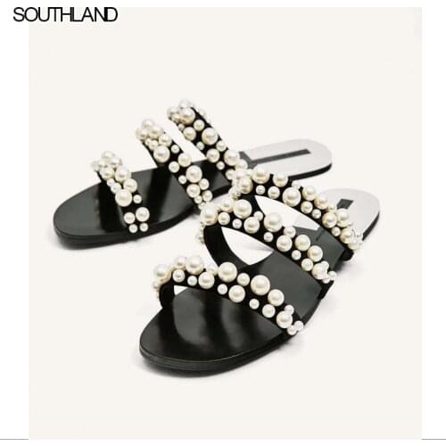SOUTHLAND summer flat sandals with pearl decoration all-match beach wear open-toed lazy word with sandals and slippers