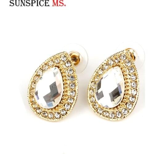 Sunspicems Fashion India Gold Color Stud Earrings for Women Water Drop Natural Stone Crystal Arabic Wedding Jewelry Gift 2020