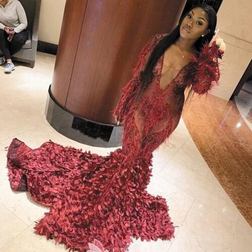 SuperKimJo Feather Luxury Evening Dresses Long Sleeve Deep V Neck Elegant Modest African Evening Gown Celebrity Dresses