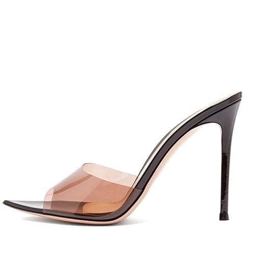 Sexy Party Stiletto High Heel Transpatent Ladies Pointed Open Toe Slip on Clear Mule Slides Woman Nude PVC Dress Shoe