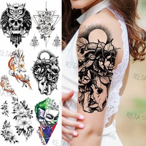 Unique Sun Skull Temporary Tattoos For Women Adult Realistic Fake Flower Owl Fox Clown Tattoo Sticker Water Transfer Arm Tatoos