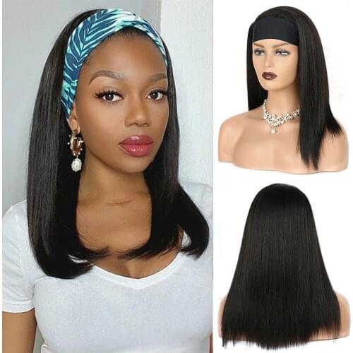 ValenWigs 16" 180g Short Straight Black Wig Synthetic Headband Wig For Women With Scarf Heat Resistant Fiber Natural Looking Wig