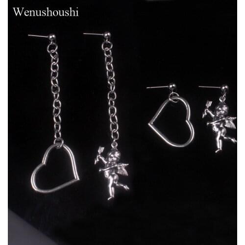 2020 new arrival stainless steel asymmetry heart love cupid stud earrings girls gifts link statement earring for women brincos