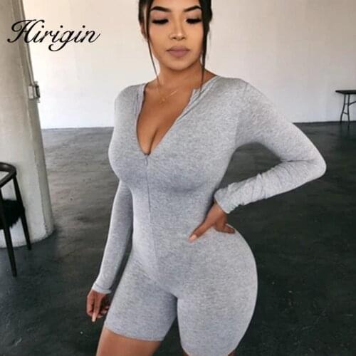 Foohoostore Women Skinny Bodysuit Short Sleeve Playsuit Sexy Zipper Slim Solid Jumpsuit Female Stretchy Fashion Yoga Sports