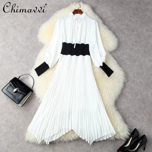 2021 Autumn Women Clothing New French Fashion Lantern Sleeve Elastic High Waist Dress Slim Fit Elegant Pleated Irregular Dress