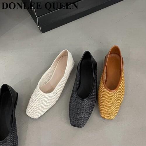 Women Flat Ballet Shoes Fashion Cane Woven Shoes Square Toe Flats Shallow Ballerina Soft Moccasin Slip On Mules Zapatos De Mujer