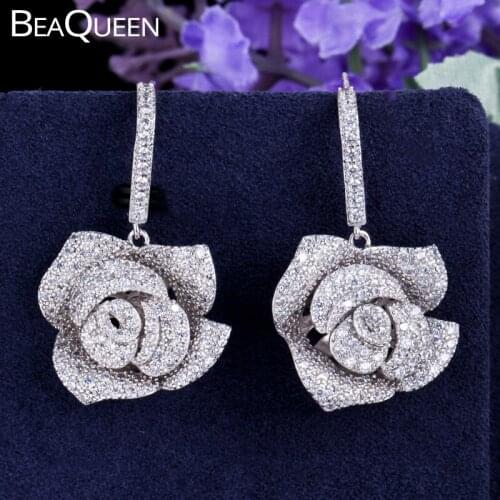 BeaQueen Elegant Big Rose Flower Drop Dangling Earrings Micro Paved Full Cubic Zirconia Bridal Wedding Jewelry Accessories E223