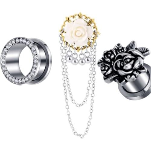 3Pair/Set Stainless Steel Ear Plugs Tunnels Flesh Expansions Piercing Rose Flowers Women Men Crystal Ears Expanders Body Jewelry