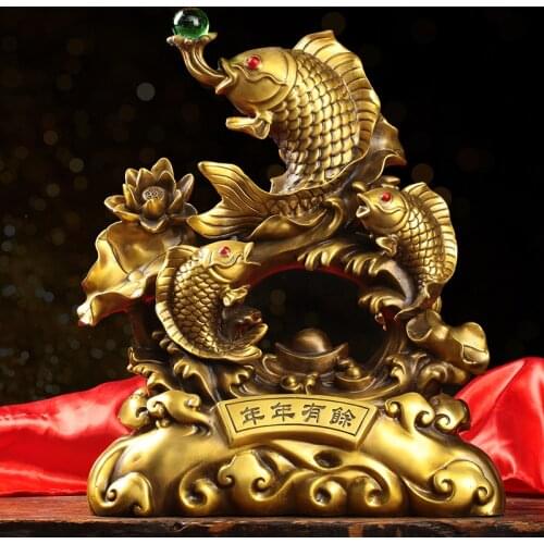 Large Asia Home store COMPANY office Art deco bring wealth money good luck gilding gold fishes FENG SHUI ZHAO CAI copper statue