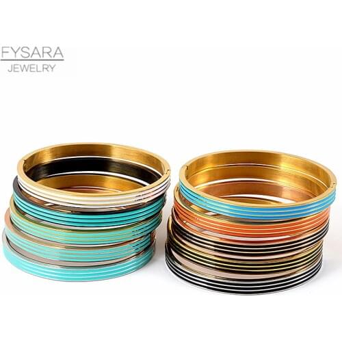 FYSARA Three Row Resin Bangles Stainless Steel Bangles Bracelets for Women Orange Blue Enamel Bangles Party Jewelry