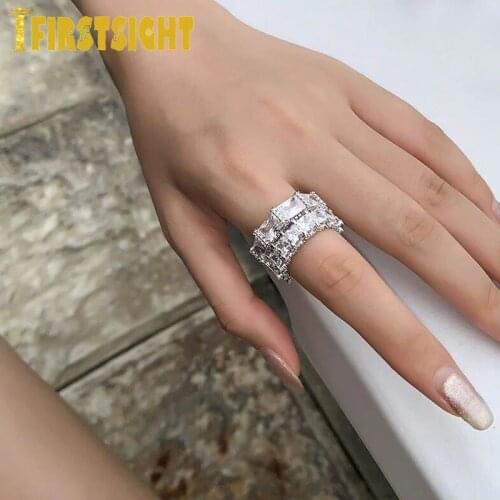 2021 New Arrival Iced Out White cz Ring Luxury Jewelry Silver Color Square Stone Promise Party HipHop Bling Man Women Rings