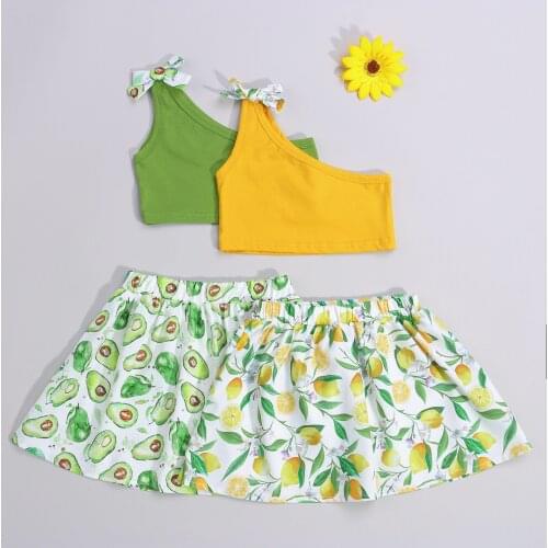 FOCUSNORM 2pcs Lovely Baby Girls Summer Clothes Sets 0-24M Fruit Printed One Shoulder Tops+A-Line Mini Skirts