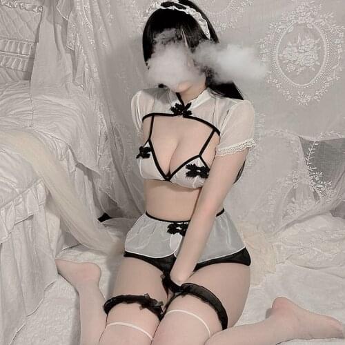 Maid Cosplay Sexy Erotic Costume Chinese See Through Cheongsam Classical Bra Ladies Dress Fancy Open Chest Uniform For Women